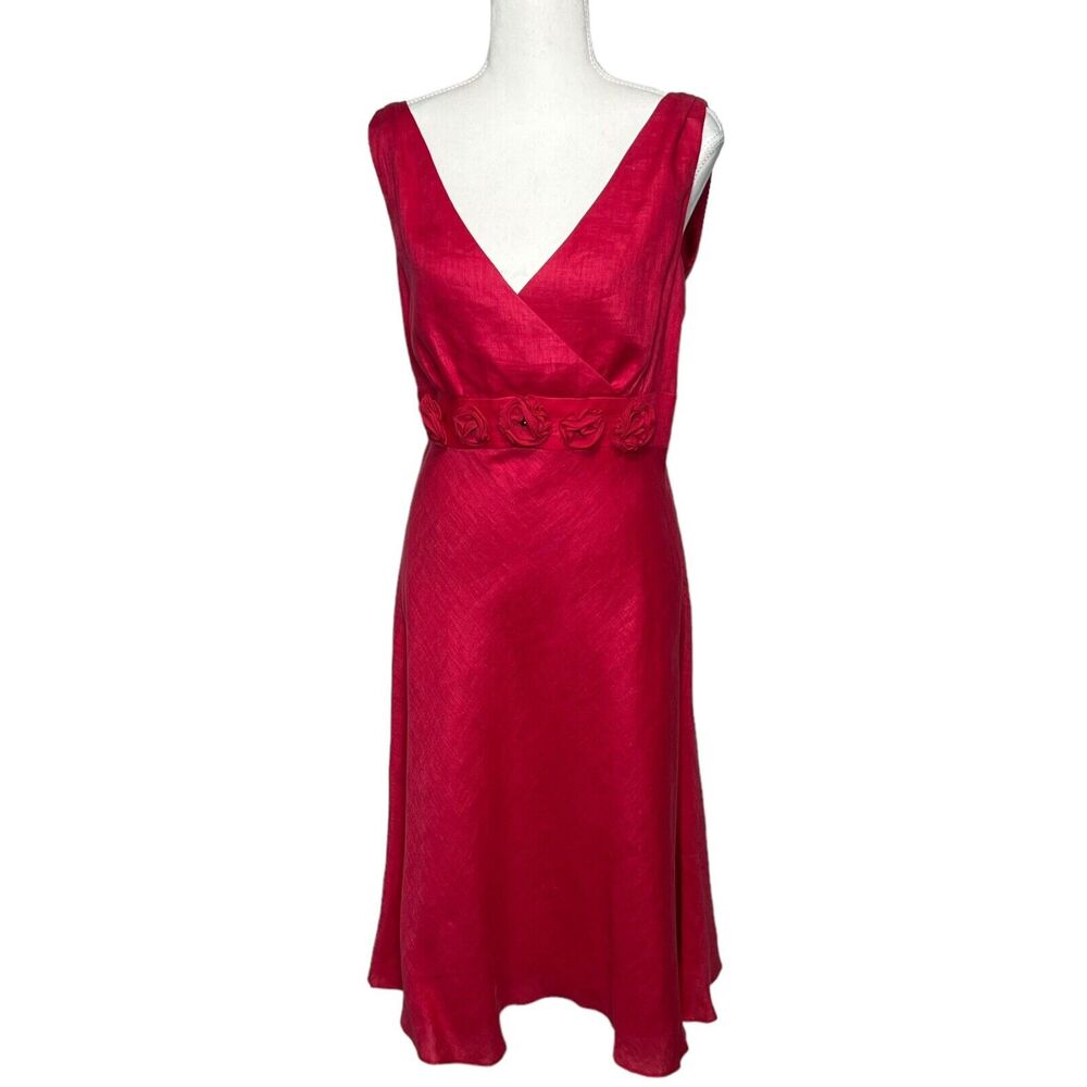 Cynthia Howie Women 10 red Silk lined Linen Rosette Fit Flare Sleeveless Dress.